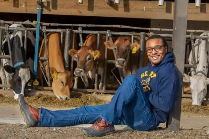 Cattle farm worker sitting with cows in a barn, smiling and relaxed.