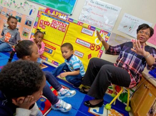 Engaging classroom scene with teacher and young students participating in learning activities.