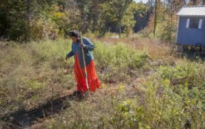 Planting a tree in a rural area during autumn, with a woman in traditional clothing and a small hous.