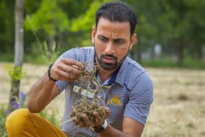 A man examines soil and grass while kneeling in a green outdoor area.