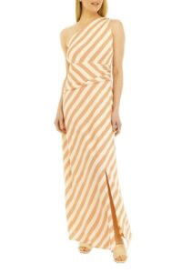 Elegant peach and cream striped evening gown with one-shoulder design and side slit for formal occas.