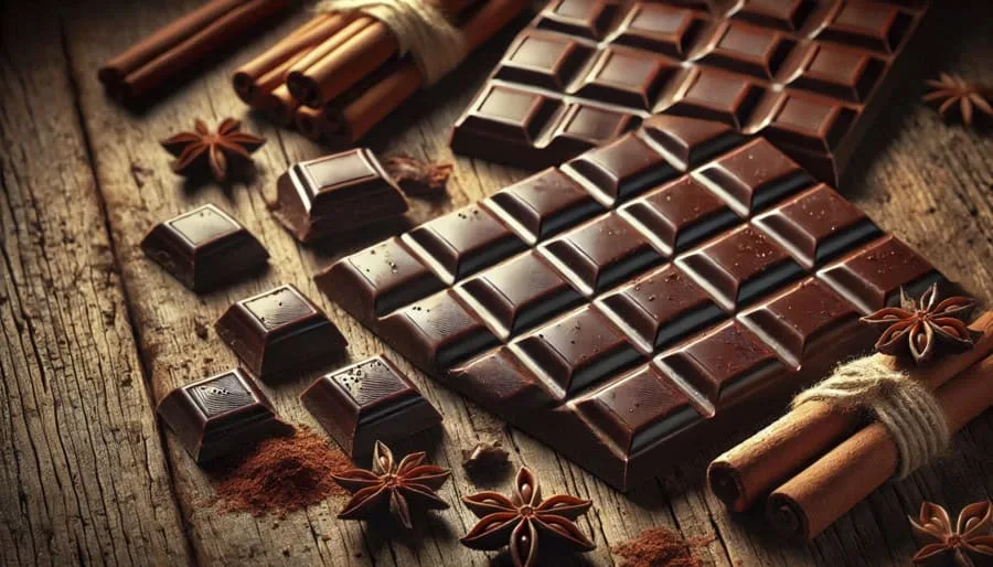Rich, dark chocolate bars with cinnamon sticks and star anise on rustic wooden surface.