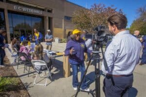 Accessible outdoor event at B.C. Webb Hall with people being interviewed and engaging in activities.