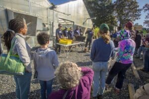 A group of attendees listens to presenters standing in front of a greenhouse during a field day event. The presenters, wearing matching uniforms, demonstrate and discuss agricultural techniques using bins of soil and produce. The event takes place under a clear blue sky.