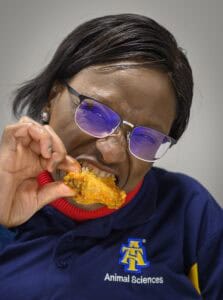 A person wearing glasses and a blue Animal Sciences shirt with an A&T logo is biting into a piece of fried chicken.
