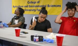 Three young men sit at a table with red cups, water bottles, and napkins; one wipes his mouth, another leans back, and the third holds his head. A yellow banner behind reads “College of Agriculture and Environmental Sciences University Farm.”.