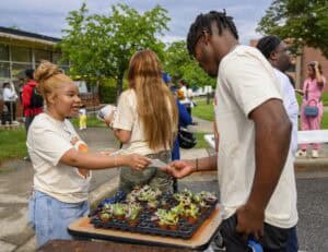 A woman hands a small plant to a man at an outdoor table filled with potted succulents during a community event. People and trees are visible in the background.