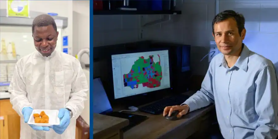 Split image: On the left, a man in a lab coat and gloves holds a tray of orange food items. On the right, a man in a blue shirt sits at a desk with a computer displaying a colorful map.