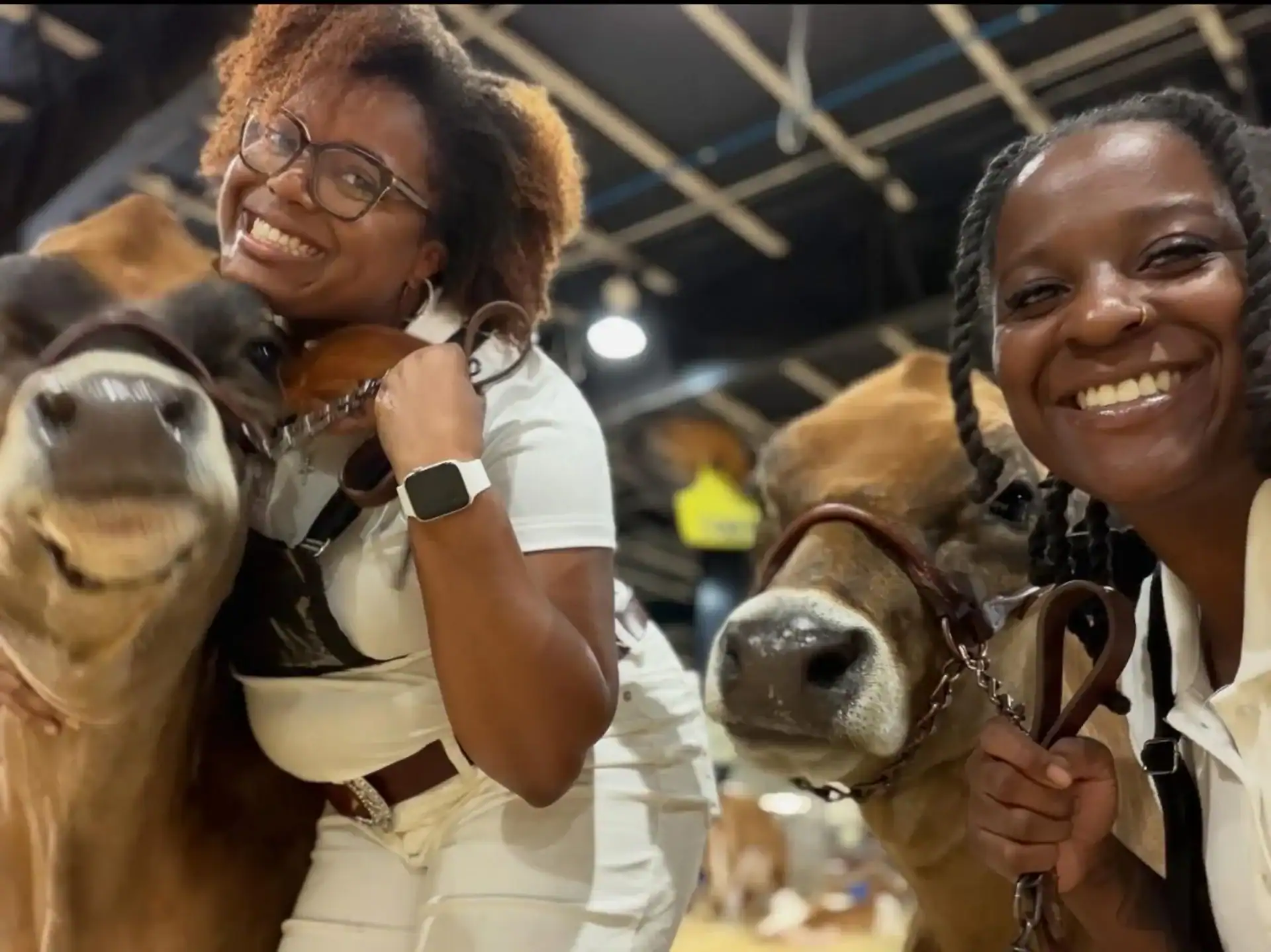 Erika Pearsall and Alysse Givan with their heifers at the 2025 N.C. State Fair.