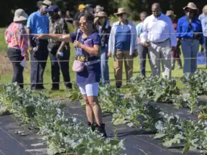 A woman gestures while speaking to a group in a field, with rows of leafy greens in front of her. The audience, mostly wearing hats, stands attentively in the background.