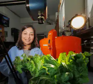 A researcher in a lab holds a pot of vibrant green lettuce. Behind her are orange lab equipment and a bright light source, creating a focused work environment.