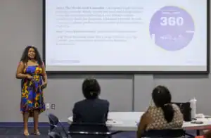 A woman in a colorful dress presents about her cannabis business, highlighting short and long-term goals, to an audience seated at tables. A presentation slide is visible in the background with details about her project.