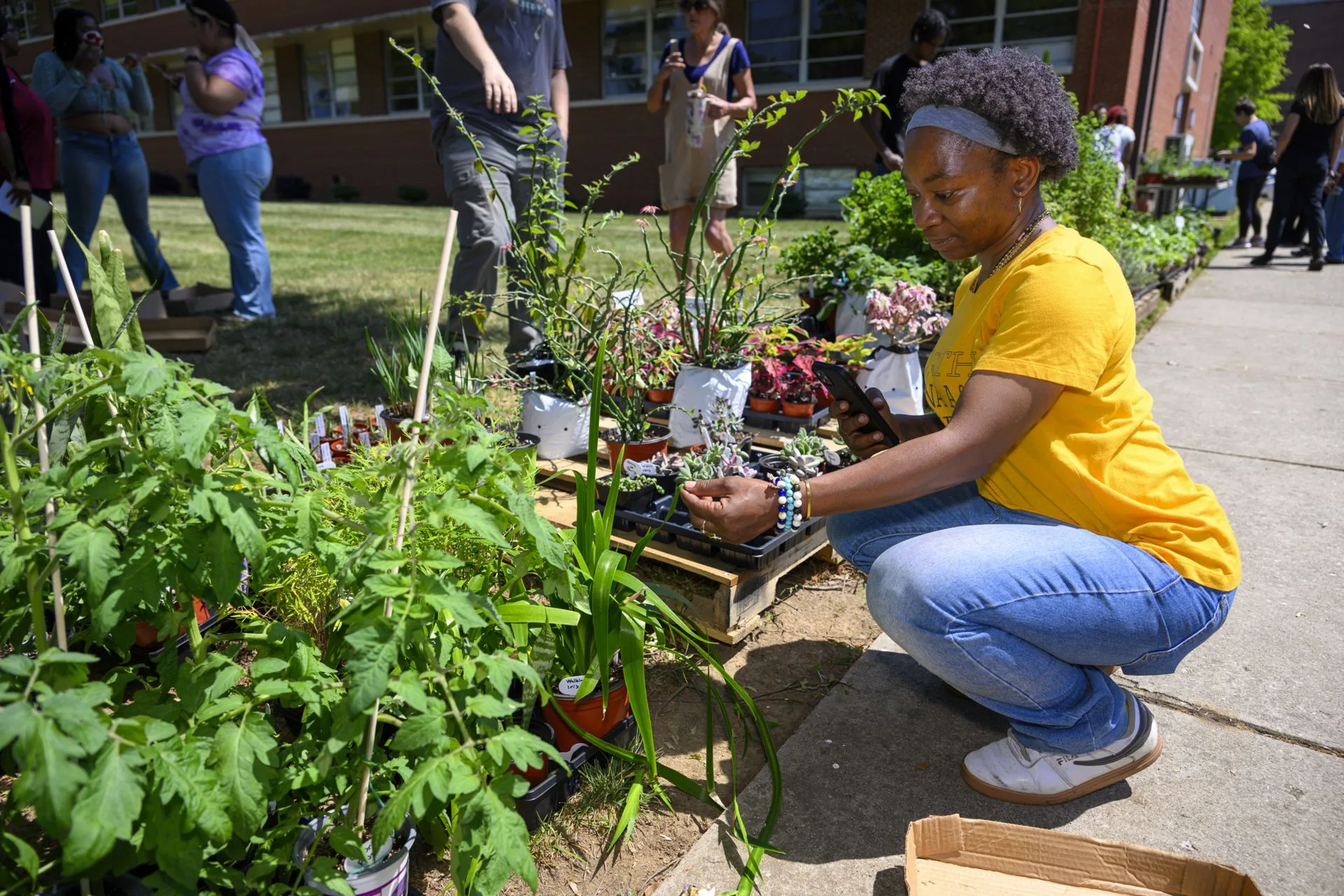 A woman in a yellow shirt squats by potted plants, examining one while holding a phone. In the background, groups of people engage with plants outside a building.