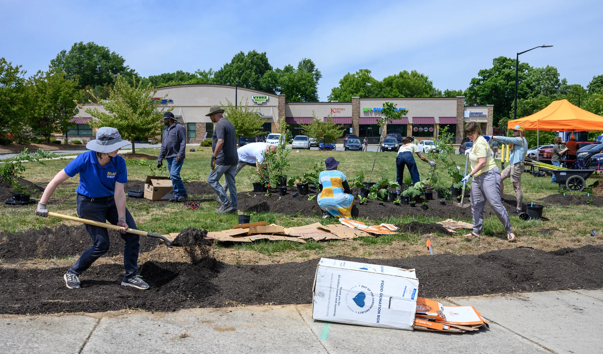 Volunteers are planting and landscaping in a grassy area near stores. Several people are using tools and arranging plants, while others work on the ground. An orange tent is visible in the background.