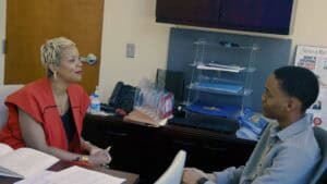 Brandice Daniel, CEO of Harlem’s Fashion Row in New York, interviews rising senior Collin Semien. “I learned so much about myself and about HFR, so I think it went great,” he said of the experience.