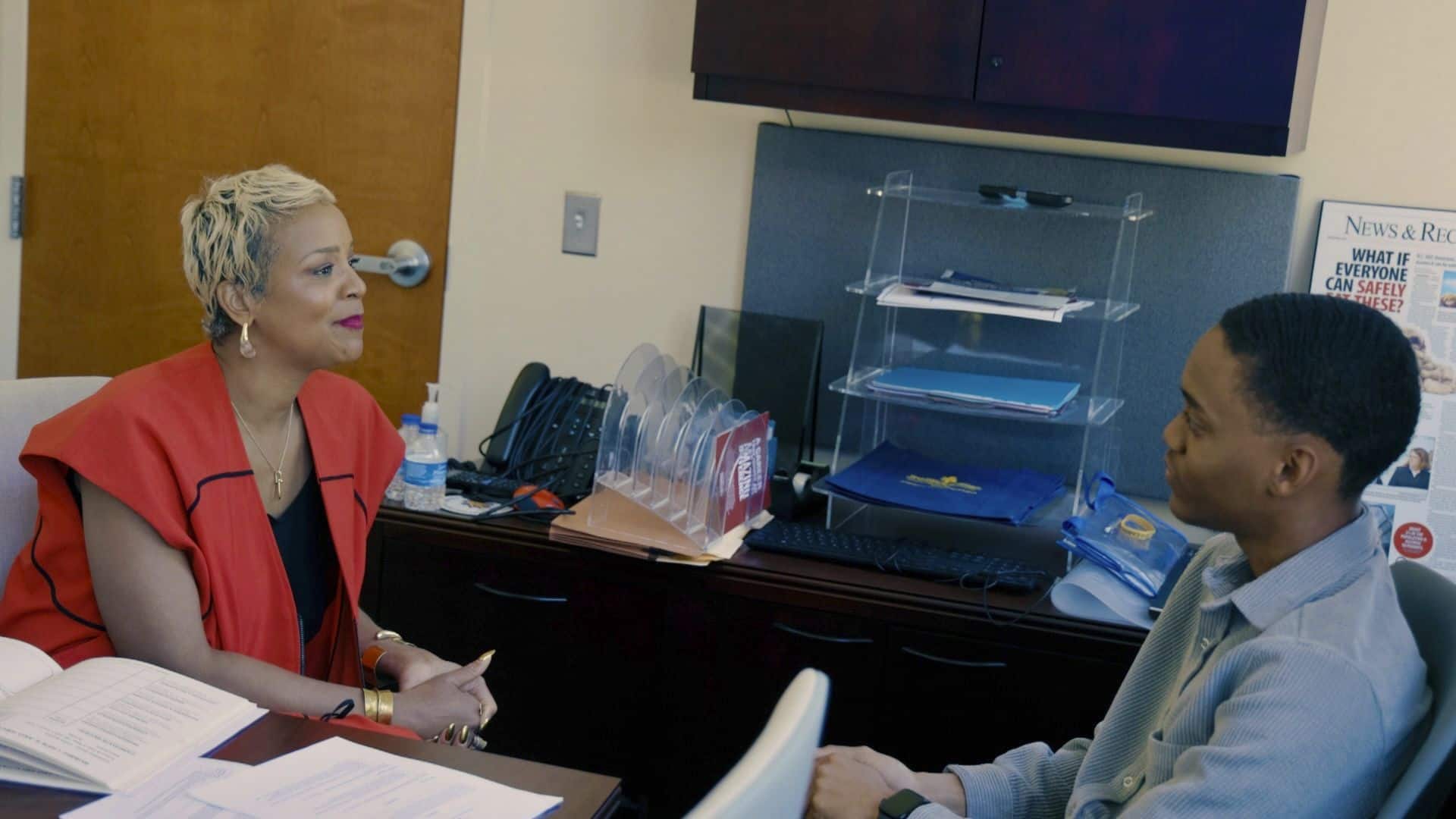 Brandice Daniel, CEO of Harlem’s Fashion Row in New York, interviews rising senior Collin Semien. “I learned so much about myself and about HFR, so I think it went great,” he said of the experience.